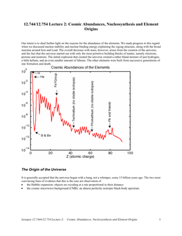 12.744/12.754 Lecture 2: Cosmic Abundances, Nucleosynthesis and Element Origins