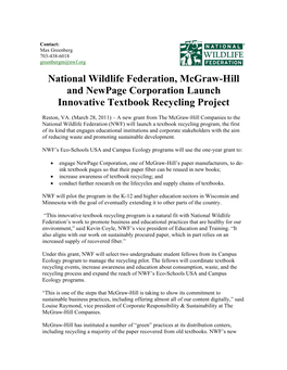 National Wildlife Federation, Mcgraw-Hill and Newpage Corporation Launch Innovative Textbook Recycling Project