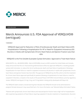 Merck Announces U.S. FDA Approval of VERQUVO® (Vericiguat)