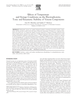 Effects of Temperature and Storage Conditions on the Electrophoretic, Toxic and Enzymatic Stability of Venom Components Sean M