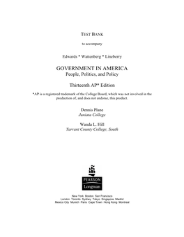 Government in America, 13E Test Bank