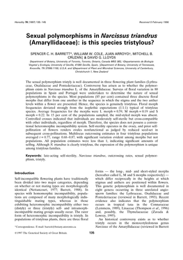 Sexual Polymorphisms in Narcissus Triandrus (Amaryllidaceae): Is This Species Tristylous?