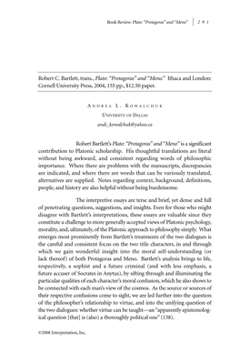 Robert C. Bartlett, Trans., Plato: “Protagoras” and “Meno.” Ithaca and London: Cornell University Press, 2004, 155 Pp., $12.50 Paper