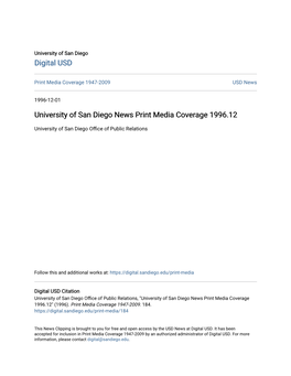 University of San Diego News Print Media Coverage 1996.12