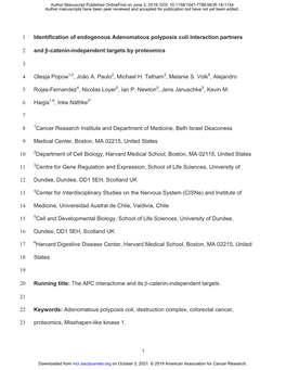 Identification of Endogenous Adenomatous Polyposis Coli Interaction Partners 1 and Β-Catenin-Independent Targets by Proteomics