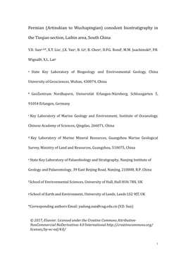 Permian (Artinskian to Wuchapingian) Conodont Biostratigraphy in the Tieqiao Section, Laibin Area, South China