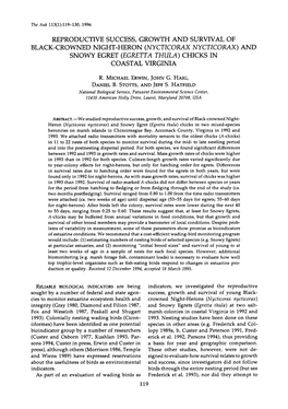 Reproductive Success, Growth and Survival of Black-Crowned Night-Heron (Nycticorax Nycticorax) and Snowy Egret (Egretta Thula) Chicks in Coastal Virginia