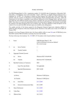 PUBLIC OFFERING the FHB Mortgage Bank Co. Plc's