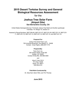 Desert Tortoise Survey and General Biological Resources Assessment for the Joshua Tree Solar Farm (Airport Site) San Bernardino County, CA