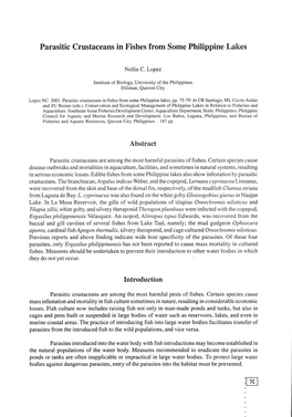 Parasitic Crustaceans in Fishes from Some Philippine Lakes