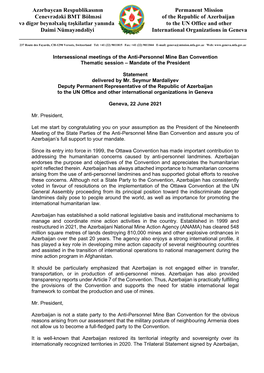 Azerbaijan Və Digər Beynəlxalq Təşkilatlar Yanında to the UN Office and Other Daimi Nümayəndəliyi International Organizations in Geneva ______