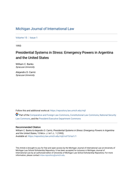 Presidential Systems in Stress: Emergency Powers in Argentina and the United States