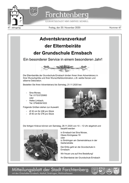 Adventskranzverkauf Der Elternbeiräte Der Grundschule Ernsbach