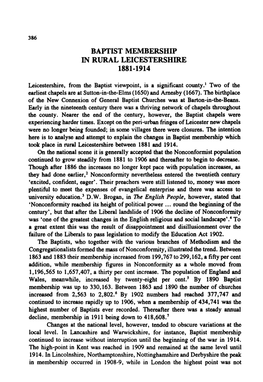 Baptist Membership in Rural Leicestershire, 1881-1914