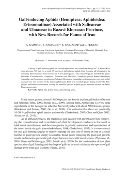 Gall-Inducing Aphids (Hemiptera: Aphidoidea: Eriosomatinae) Associated with Salicaceae and Ulmaceae in Razavi Khorasan Province, with New Records for Fauna of Iran
