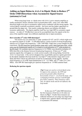 Adding an Input Balun in AAA-1 in Dipole Mode to Reduce 2 Nd Order IMD Distortions When Asymmetric Signal Source (Antenna) Is Used