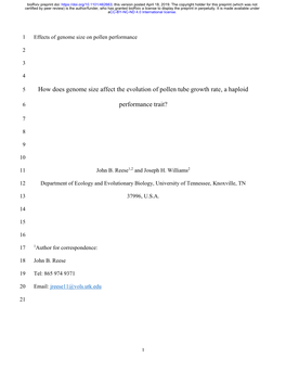 How Does Genome Size Affect the Evolution of Pollen Tube Growth Rate, a Haploid Performance Trait?
