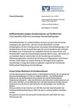 Raiffeisenbanken Steigern Kundenvolumen Auf 5,6 Mrd. Euro Gute Geschäfte 2020 Trotz Schwieriger Rahmenbedingungen