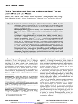 Clinical Determinants of Response to Irinotecan-Based Therapy Derived from Cell Line Models Wendy L