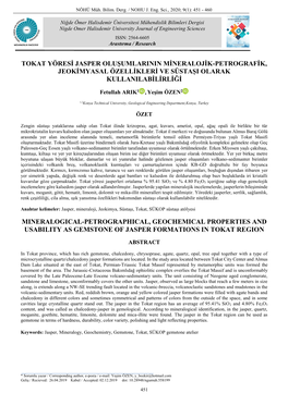 Tokat Yöresi Jasper Oluşumlarinin Mineralojik-Petrografik, Jeokimyasal Özellikleri Ve Süstaşi Olarak Kullanilabilirliği