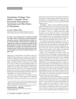 Transmission of Dengue Virus Without a Mosquito Vector: Nosocomial