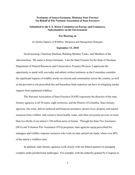 Testimony of Sonya Germann, Montana State Forester on Behalf of the National Association of State Foresters Submitted to the U