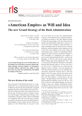 American Empire« As Will and Idea the New Grand Strategy of the Bush Administration