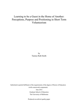 Learning to Be a Guest in the Home of Another: Perceptions, Purpose and Positioning in Short Term Volunteerism