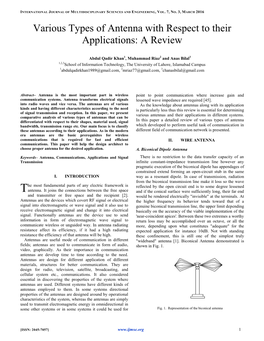 Various Types of Antenna with Respect to Their Applications: a Review