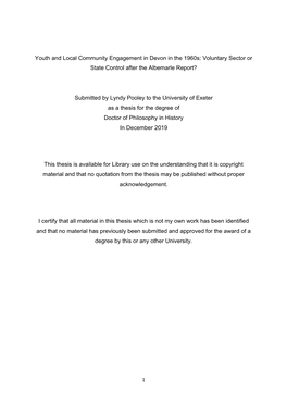 Youth and Local Community Engagement in Devon in the 1960S: Voluntary Sector Or State Control After the Albemarle Report?
