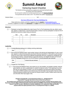 Summit Award Venturing Award Checklist This Checklist Can Help You Document Your Progress As You Work Toward Earning the Award