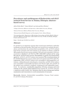 Prevalence and Antibiogram of Escherichia Coli O157 Isolated from Bovine in Jimma, Ethiopia: Abattoir- Based Survey
