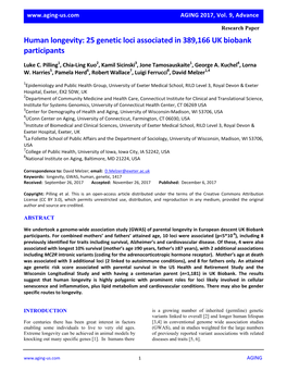 Human Longevity: 25 Genetic Loci Associated in 389,166 UK Biobank Participants