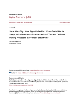 How Signs Embedded Within Social Media Shape and Influence Outdoor Recreational Tourists' Decision-Making Processes at Colorado State Parks" (2019)