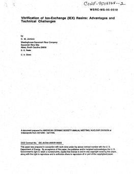 Vitrification of Ion-Exchange (IEX) Resins: Advantages and Technical Challenges