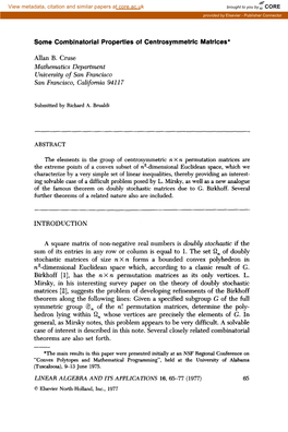 Some Combinatorial Properties of Centrosymmetric Matrices* Allan B