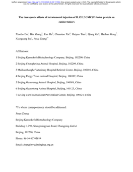 The Therapeutic Effects of Intratumoral Injection of IL12IL2GMCSF Fusion Protein on Canine Tumors