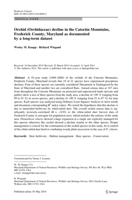 Orchid (Orchidaceae) Decline in the Catoctin Mountains, Frederick County, Maryland As Documented by a Long-Term Dataset