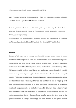 Measurement of Cerium in Human Breast Milk and Blood