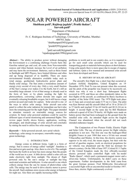 SOLAR POWERED AIRCRAFT Shubham Patil1, Rajdeep Jagdale2, Pratik Thakur3, Sarvesh Patil4 1,2,3,4 Department of Mechanical Engineering Fr