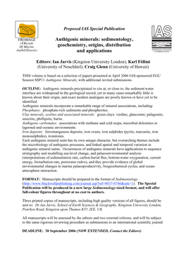 Authigenic Minerals: Sedimentology, (Friends of Marine Geochemistry, Origins, Distribution Authigenesis) and Applications