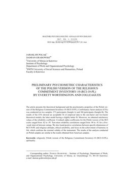 Preliminary Psychometric Characteristics of the Polish Version of the Religious Commitment Inventory-10 (Rci-10-Pl) by Everett Worthington and Colleagues