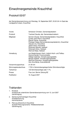 Protokoll Gemeindeversammlung Vom 18. September 2007