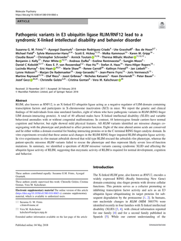 Pathogenic Variants in E3 Ubiquitin Ligase RLIM/RNF12 Lead to a Syndromic X-Linked Intellectual Disability and Behavior Disorder