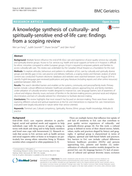 And Spiritually-Sensitive End-Of-Life Care: Findings from a Scoping Review Mei Lan Fang1*, Judith Sixsmith2,3, Shane Sinclair4,5 and Glen Horst5