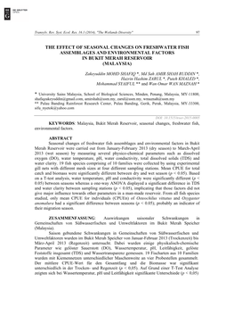 The Effect of Seasonal Changes on Freshwater Fish Assemblages and Environmental Factors in Bukit Merah Reservoir (Malaysia)