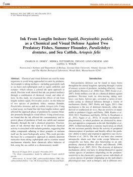 Ink from Longfin Inshore Squid, Doryteuthis Pealeii, As a Chemical and Visual Defense Against Two Predatory Fishes, Summer Floun