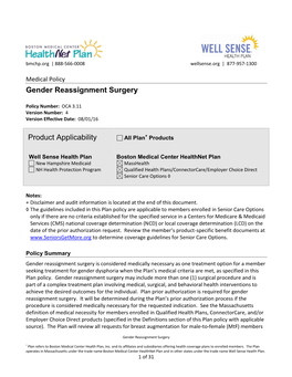 Gender Reassignment Surgery Product Applicability