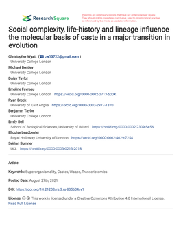 Social Complexity, Life-History and Lineage in Uence the Molecular