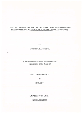 The Role of Limb Autotomy in the Territorial Beha Vior of the Freshwater Prawn, Macrobrachium Lar (Palaemonidae)